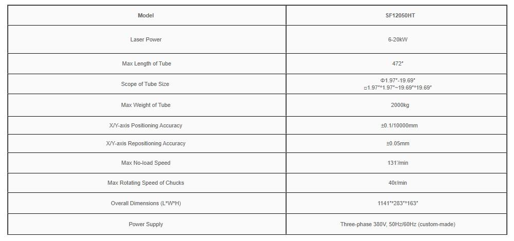 Technical Parameters of TUBE LASER CUTTING MACHINE SF12050HT